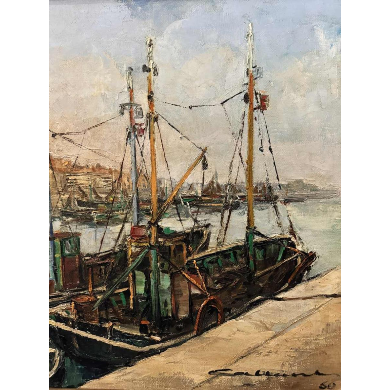 Jacques CALLAERT « Vue portuaire Ostende ? » peinture huile sur toile