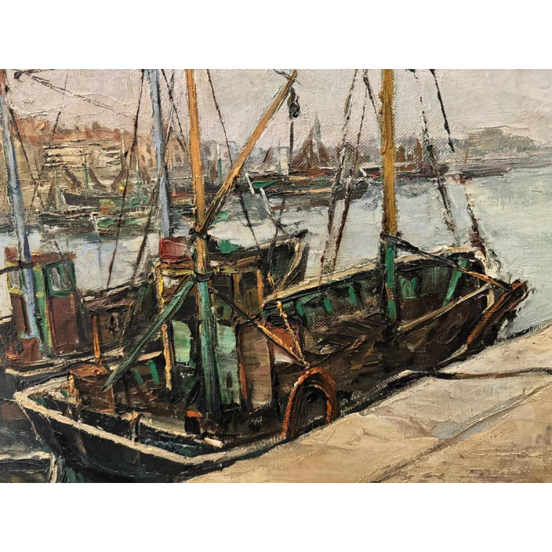 Jacques CALLAERT « Vue portuaire Ostende ? » peinture huile sur toile