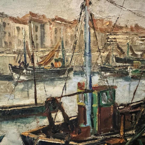 Jacques CALLAERT « Vue portuaire Ostende ? » peinture huile sur toile