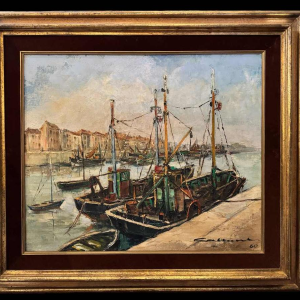 Jacques CALLAERT “Gezicht op de haven van Oostende” schilderij olieverf op doek
