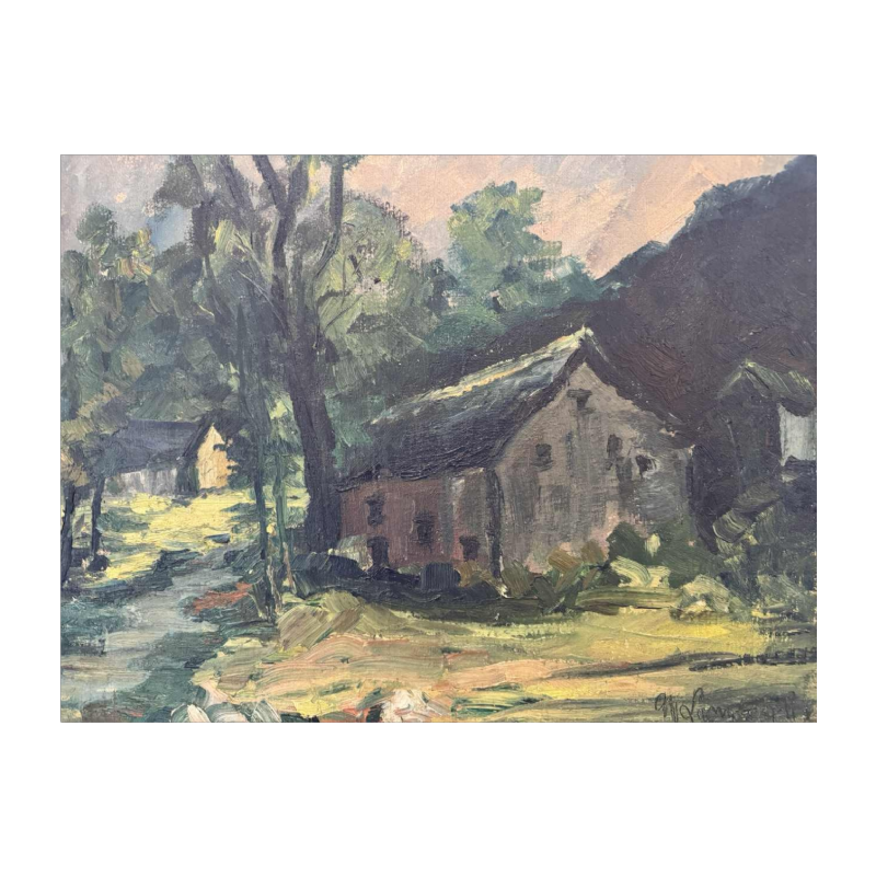 Marie LAMBREXHE «Au pied des ruines de Logne» peinture huile sur toile, 1955