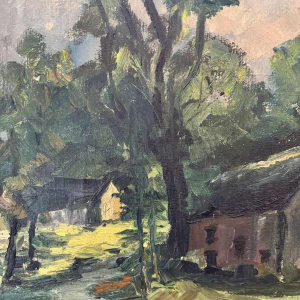 Marie LAMBREXHE "Au pied des ruines de Logne " schilderij olieverf op doek, 1955