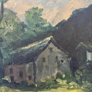 Marie LAMBREXHE "Au pied des ruines de Logne » painting oil on canvas, 1955