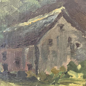 Marie LAMBREXHE "Au pied des ruines de Logne » painting oil on canvas, 1955