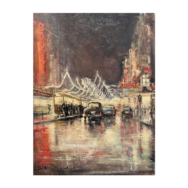 Jacques CALLAERT « Brussel Boulevard Anspach Feestdagen 1955 » schilderij olie op doek