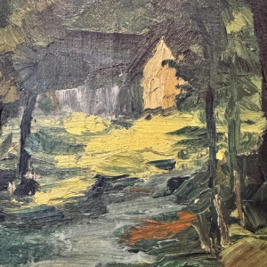 Marie LAMBREXHE "Au pied des ruines de Logne » painting oil on canvas, 1955