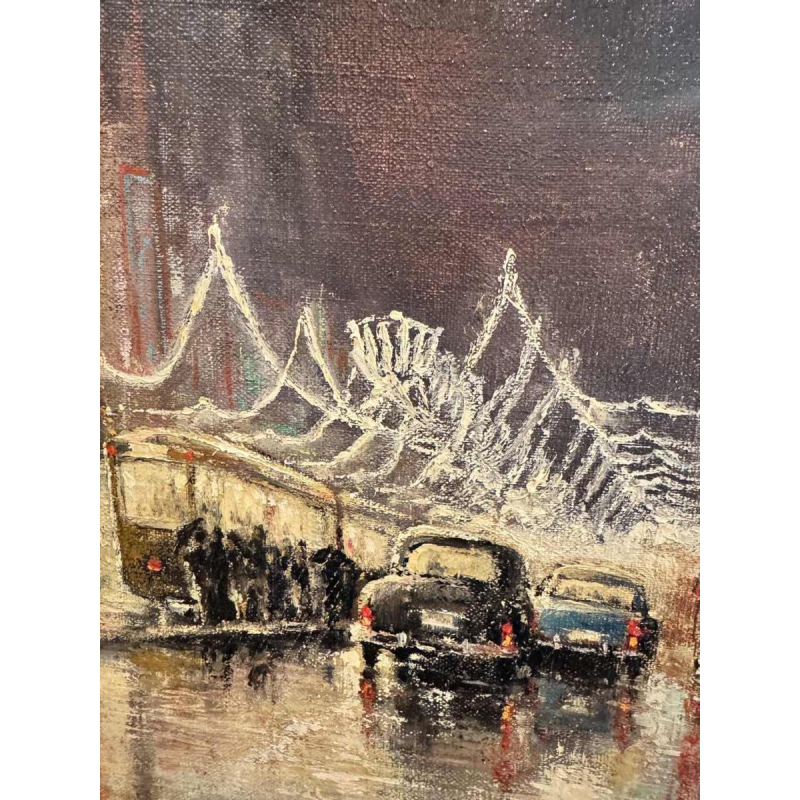 Jacques CALLAERT « Bruxelles Boulevard Anspach Fêtes de fin dannée 1955 » peinture huile sur toile