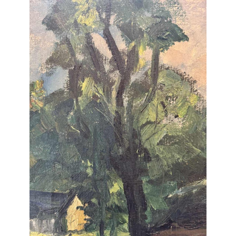 Marie LAMBREXHE «Au pied des ruines de Logne» peinture huile sur toile, 1955