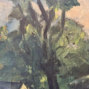 Marie LAMBREXHE "Au pied des ruines de Logne » painting oil on canvas, 1955