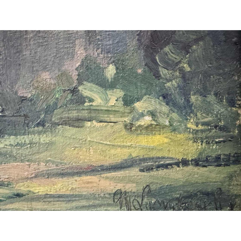 Marie LAMBREXHE «Au pied des ruines de Logne» peinture huile sur toile, 1955