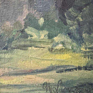 Marie LAMBREXHE "Au pied des ruines de Logne » painting oil on canvas, 1955