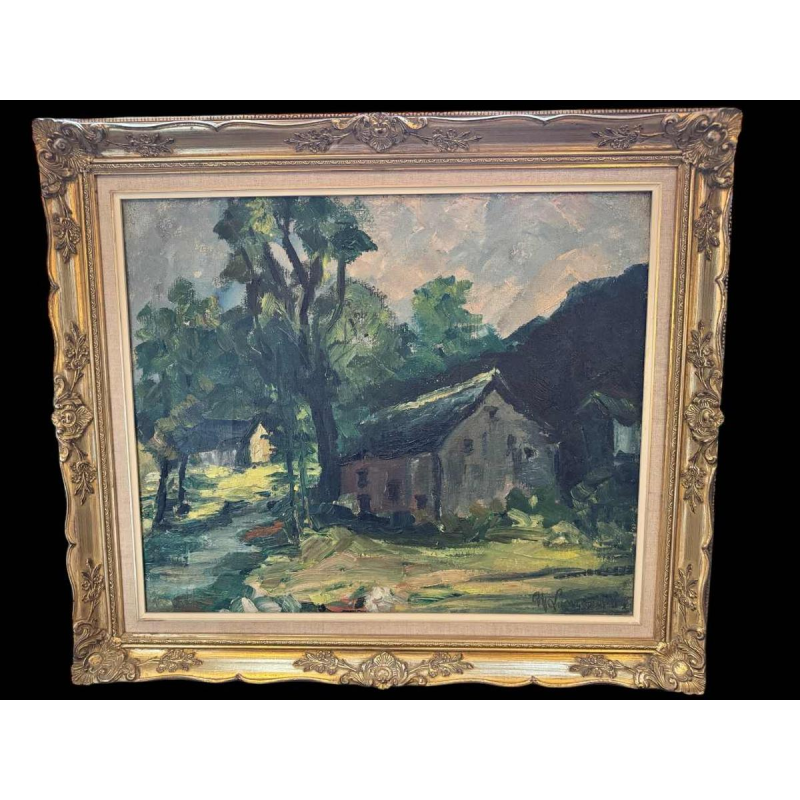 Marie LAMBREXHE "Au pied des ruines de Logne " schilderij olieverf op doek, 1955