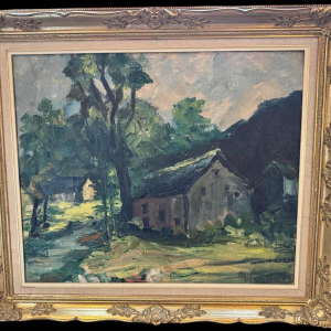 Marie LAMBREXHE "Au pied des ruines de Logne " schilderij olieverf op doek, 1955