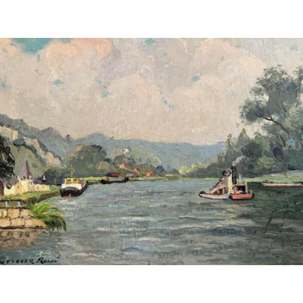 René BOREUX (1886- ?) "Meuse at Nameche 1952" painting oil on panel