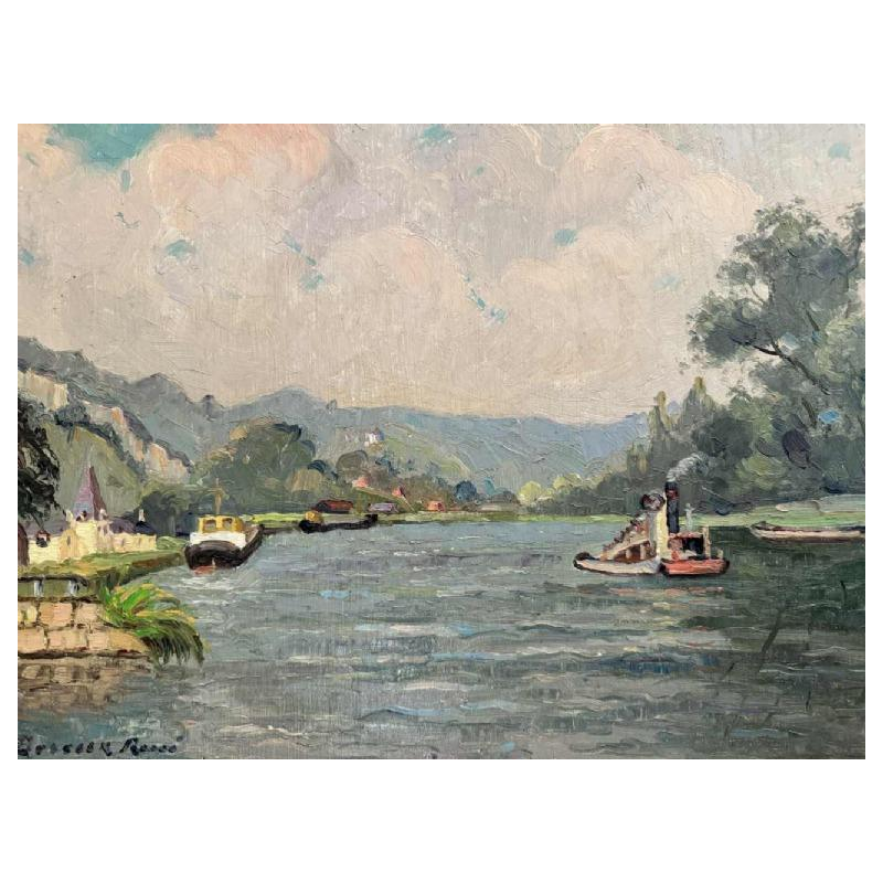 René BOREUX (1886- ?) "La Meuse à Nameche 1952 » peinture huile sur bois