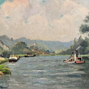 René BOREUX (1886- ?) "Meuse at Nameche 1952" painting oil on panel