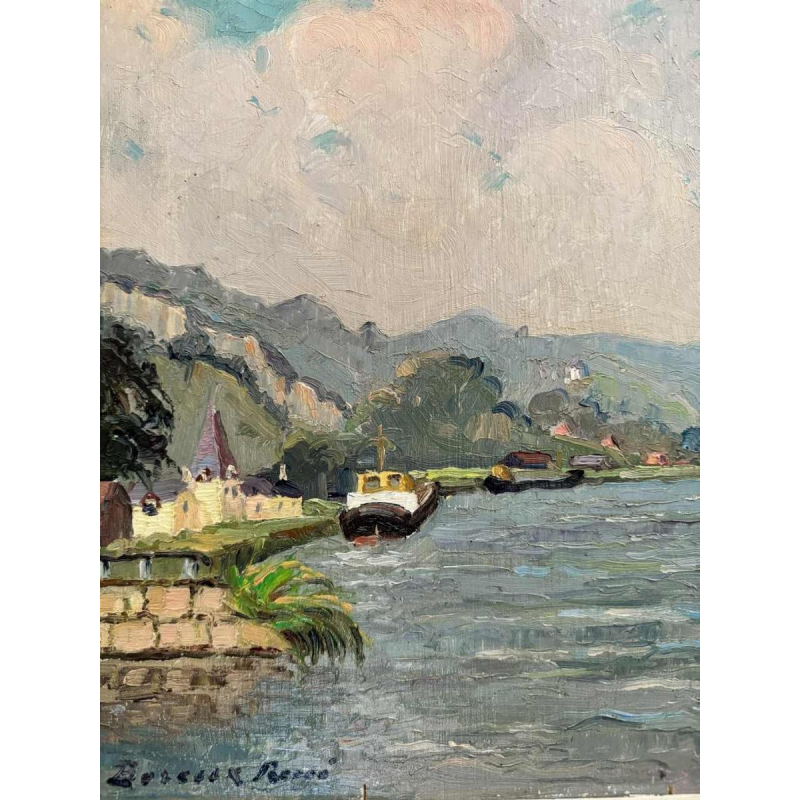 René BOREUX (1886- ?) "La Meuse à Nameche 1952 » peinture huile sur bois