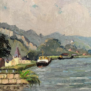 René BOREUX (1886-?) « Maas in Nameche 1952 » schilderij olie op wood