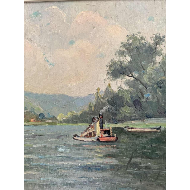 René BOREUX (1886- ?) "La Meuse à Nameche 1952 » peinture huile sur bois