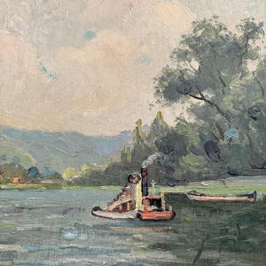 René BOREUX (1886-?) « Maas in Nameche 1952 » schilderij olie op wood