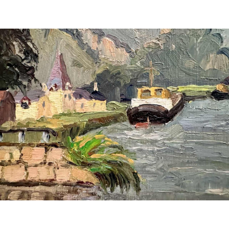 René BOREUX (1886- ?) "Meuse at Nameche 1952" painting oil on panel