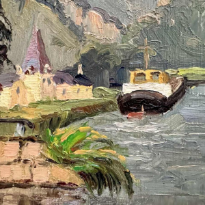 René BOREUX (1886- ?) "La Meuse à Nameche 1952 » peinture huile sur bois