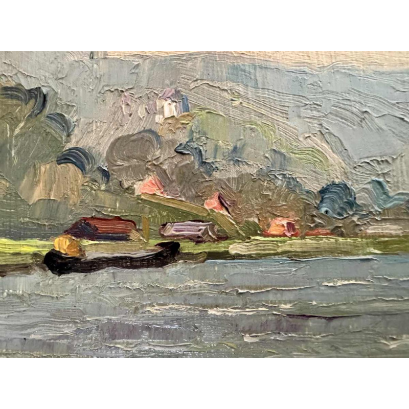 René BOREUX (1886- ?) "La Meuse à Nameche 1952 » peinture huile sur bois