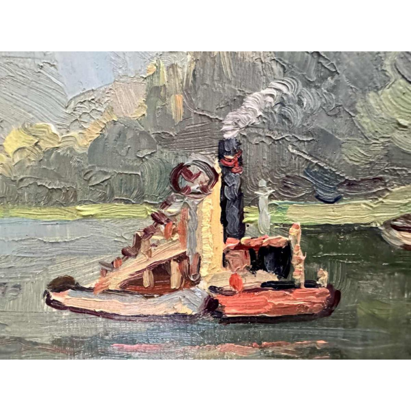 René BOREUX (1886- ?) "Meuse at Nameche 1952" painting oil on panel