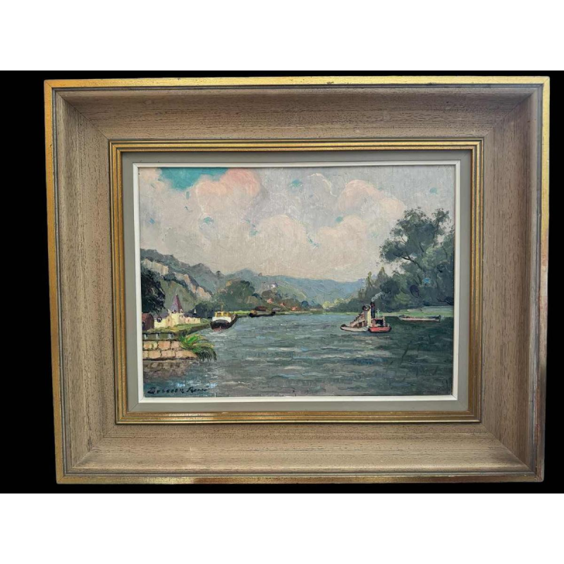 René BOREUX (1886- ?) "La Meuse à Nameche 1952 » peinture huile sur bois