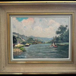 René BOREUX (1886- ?) "La Meuse à Nameche 1952 » peinture huile sur bois
