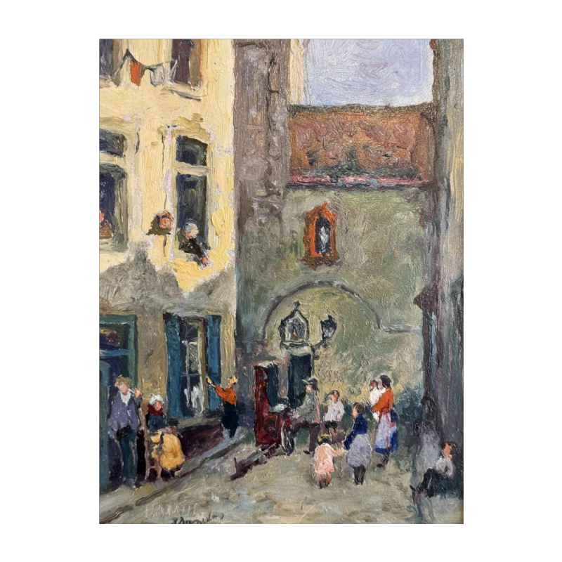 Albert DANDOY "De straat van de slagers in Namen" schilderij olieverf op koper