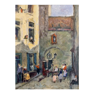 Albert DANDOY « La rue des bouchers à Namur 1950 » peinture huile sur cuivre