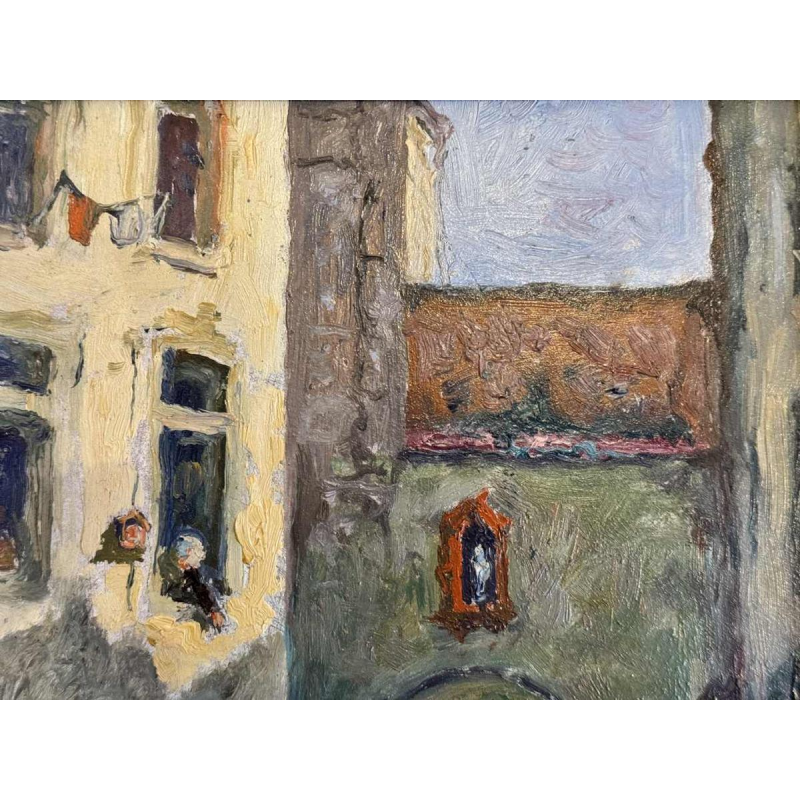 Albert DANDOY "De straat van de slagers in Namen" schilderij olieverf op koper