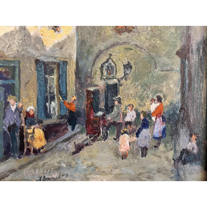 Albert DANDOY « La rue des bouchers à Namur 1950 » peinture huile sur cuivre