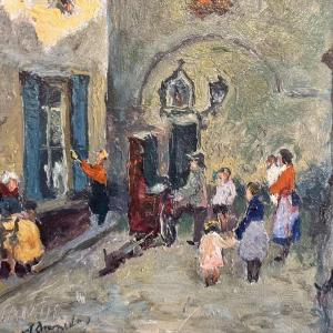 Albert DANDOY "De straat van de slagers in Namen" schilderij olieverf op koper