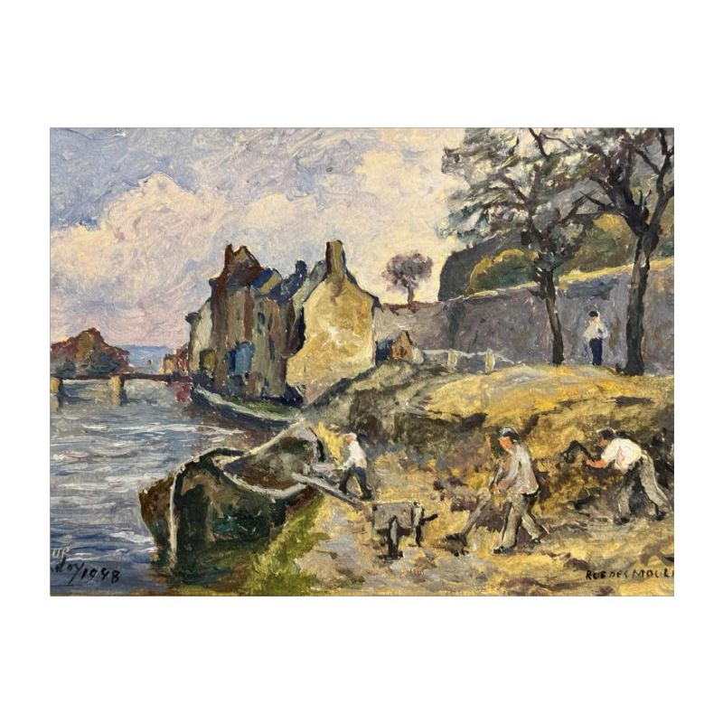 Albert DANDOY « The Sambre and the old rue des moulins at Namur » painting oil on board