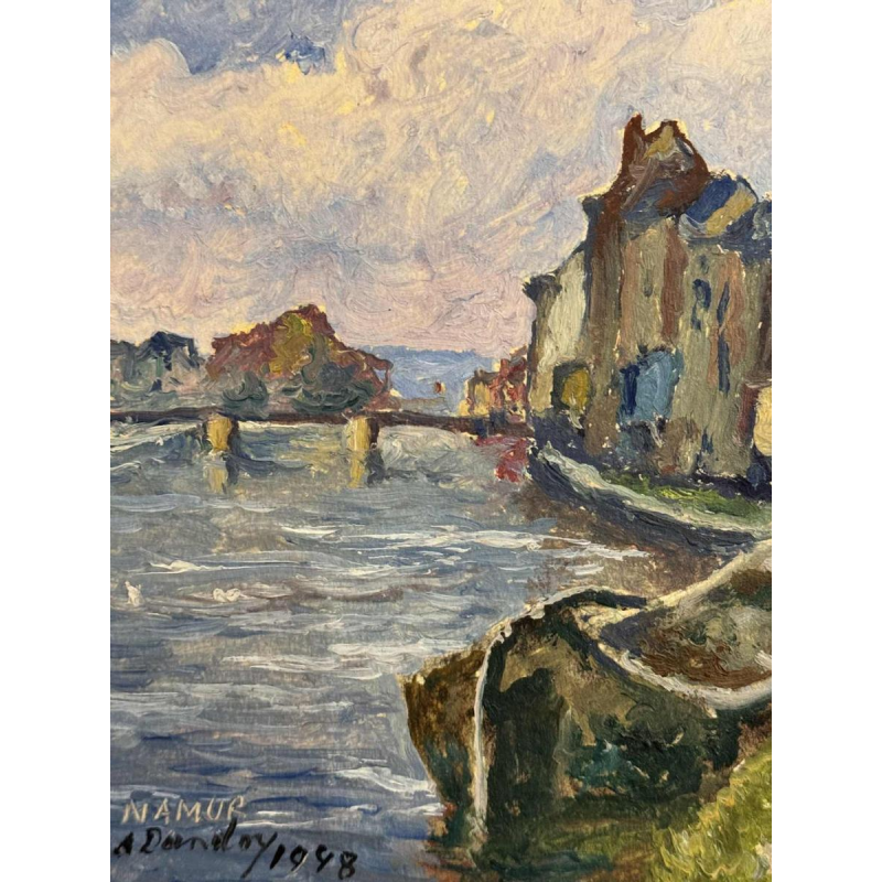 Albert DANDOY « Samber en de oude rue des moulins straat aan Namen » schilderij olie op karton