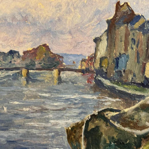 Albert DANDOY « The Sambre and the old rue des moulins at Namur » painting oil on board