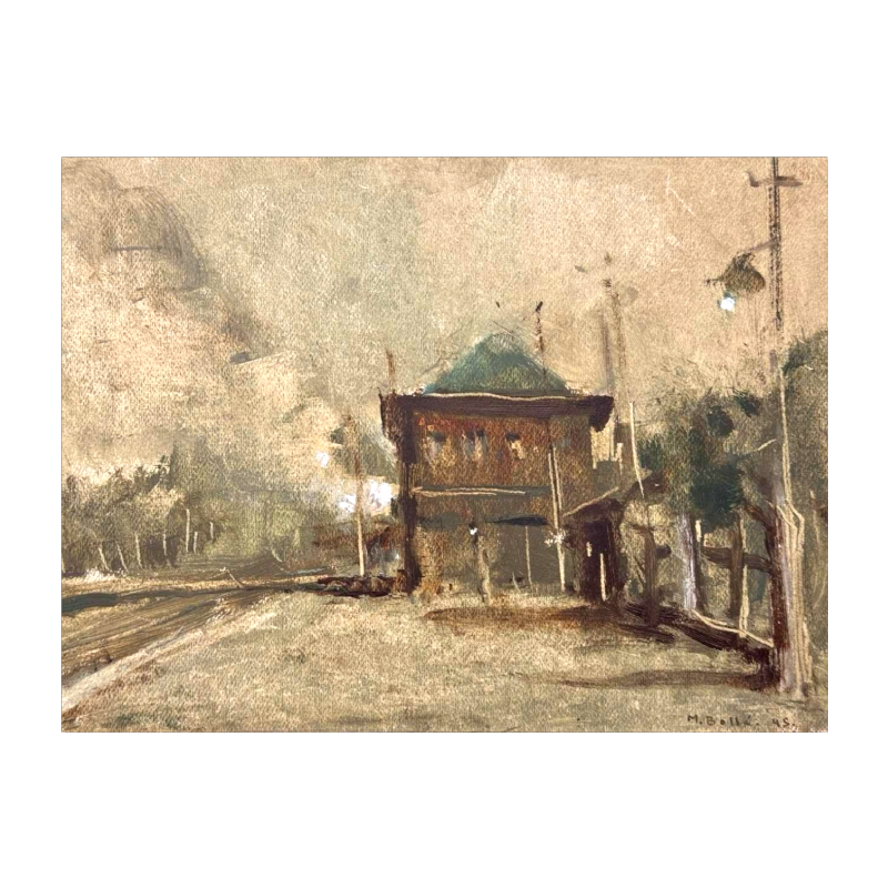Martin BOLLÉ « Le quai de la gare et son lampadaire » 1945 peinture huile sur carton