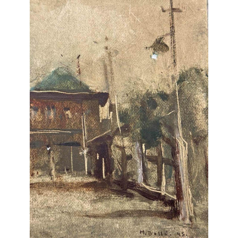 Martin BOLLÉ « Le quai de la gare et son lampadaire » 1945 peinture huile sur carton