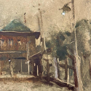 Martin BOLLÉ « Le quai de la gare et son lampadaire » 1945 peinture huile sur carton