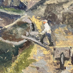 Albert DANDOY « Samber en de oude rue des moulins straat aan Namen » schilderij olie op karton