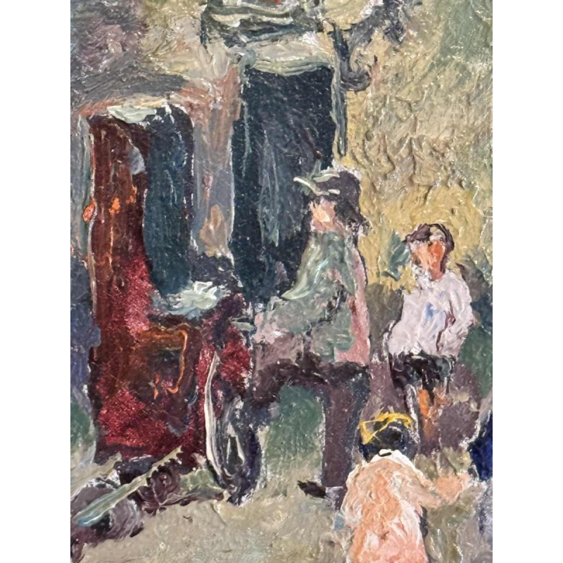 Albert DANDOY « La rue des bouchers à Namur 1950 » peinture huile sur cuivre