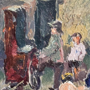 Albert DANDOY « La rue des bouchers à Namur 1950 » peinture huile sur cuivre