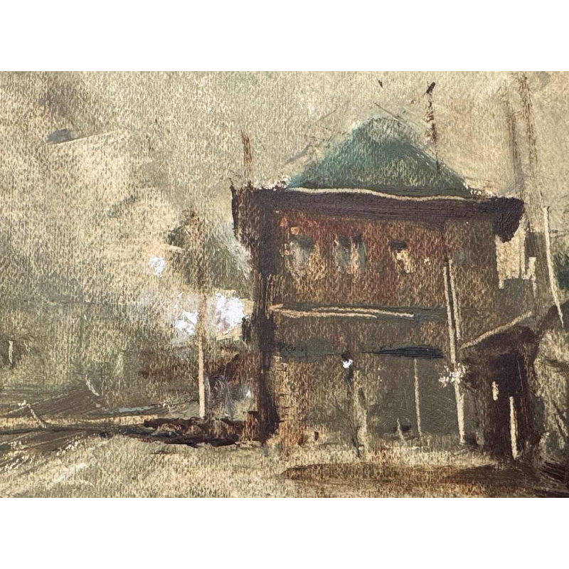 Martin BOLLÉ « Het perron van het station en zijn lantaarnpaal » 1945 schilderij olieverf op karton