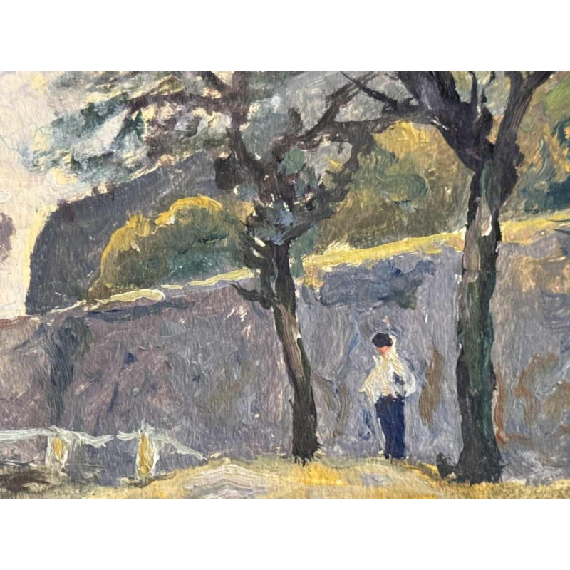 Albert DANDOY « Samber en de oude rue des moulins straat aan Namen » schilderij olie op karton