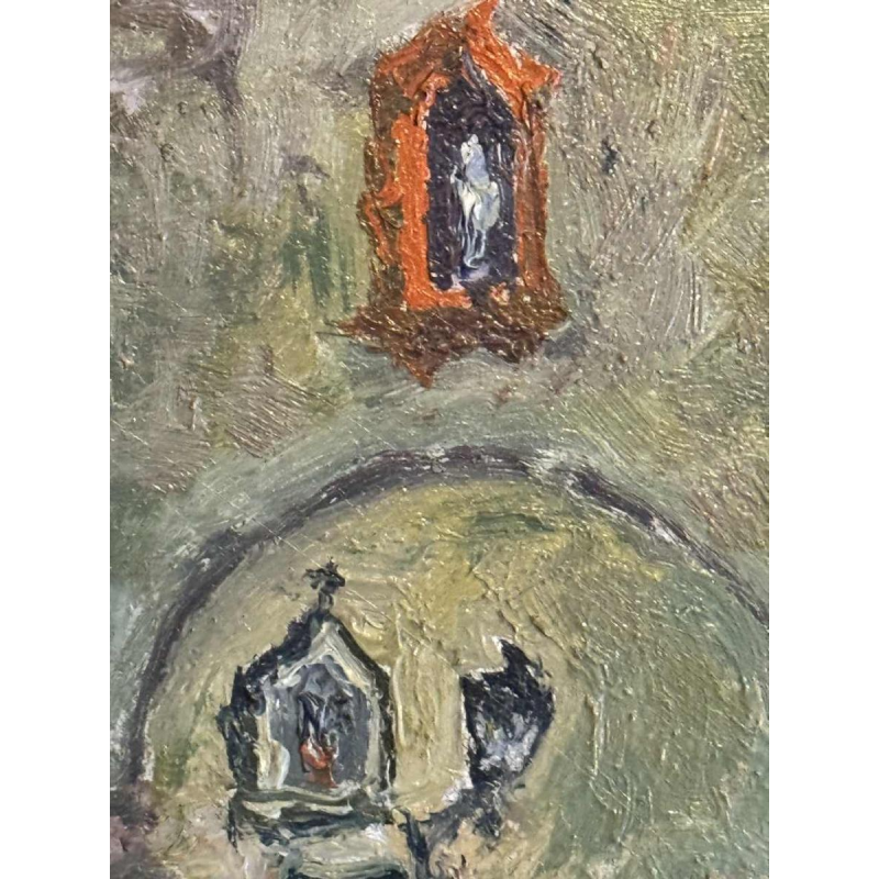 Albert DANDOY « La rue des bouchers à Namur 1950 » peinture huile sur cuivre