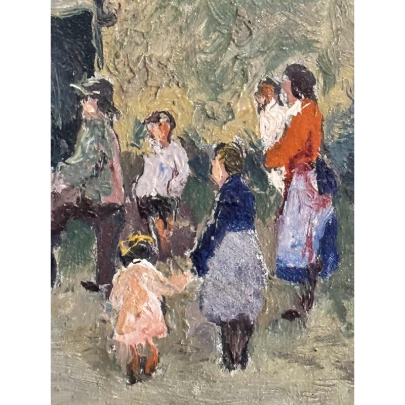 Albert DANDOY « La rue des bouchers à Namur 1950 » peinture huile sur cuivre