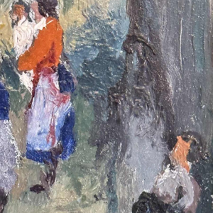 Albert DANDOY « La rue des bouchers à Namur 1950 » peinture huile sur cuivre