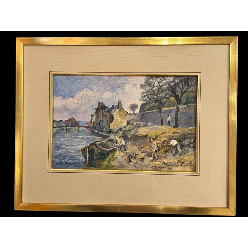 Albert DANDOY « Samber en de oude rue des moulins straat aan Namen » schilderij olie op karton